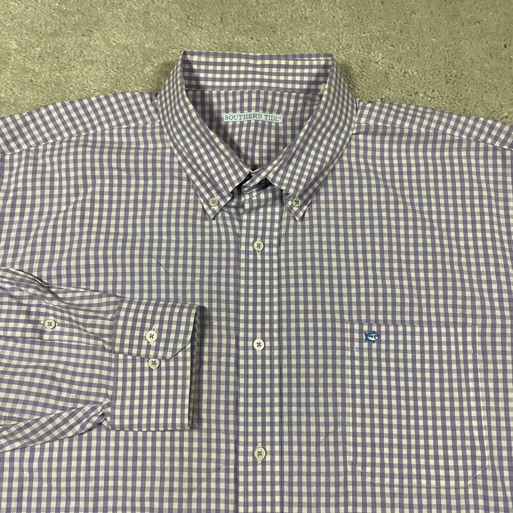 Southern Tide Shirt Mens 2XL Purple Check Button Down Stretch Pocket Casual